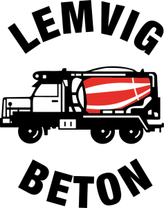 Grafisk illustration af en betonbil i hvid og rød, anvendt som logo for Lemvig Beton.